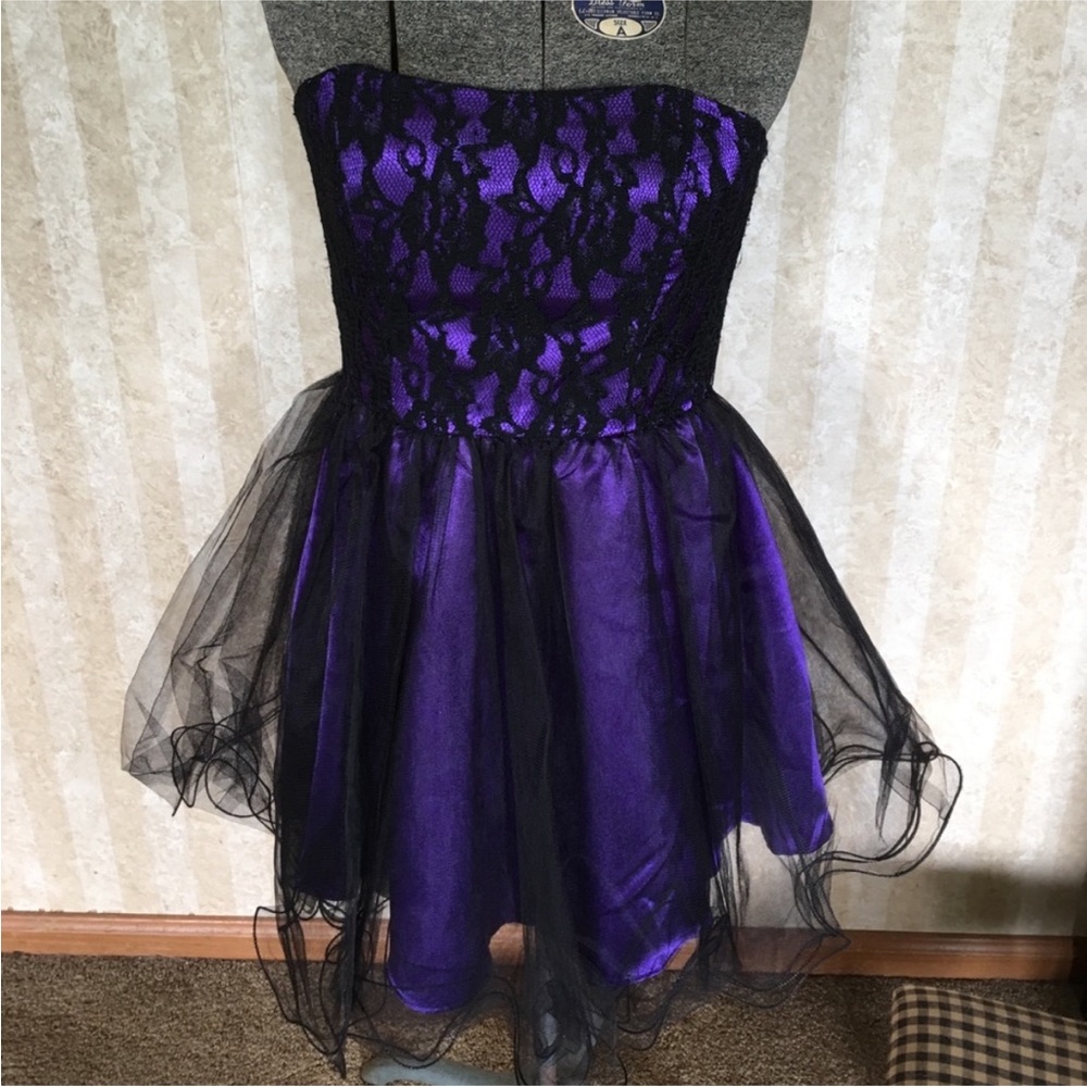 Deb Purple and Black Strapless Lace Overlay‎ Dress